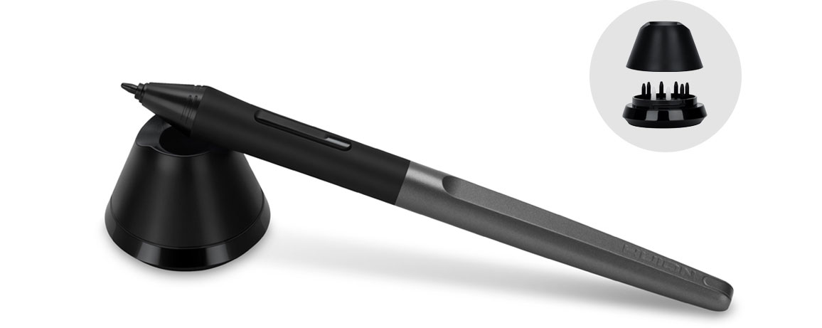 The digital pen leaning on the pen stand. Next to it is a small illustration showing the stand has a removable cover and stores some pen tips behind the cover